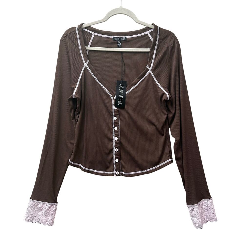 Current Mood XXL 2XL Brown V Neck Rib Knit Pink Lace Cuff Long Sleeve Crop Top